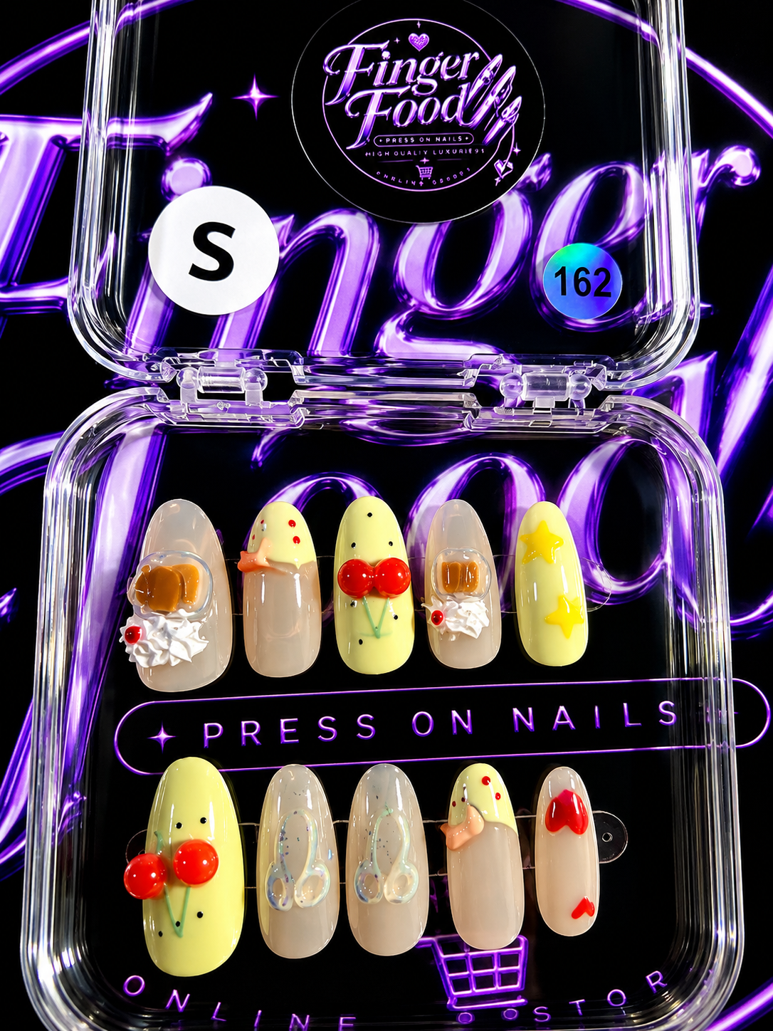 🍒💛 SWEET CHERRY TART #162– Small Lemon, Nude & Cherry Press-On Nails