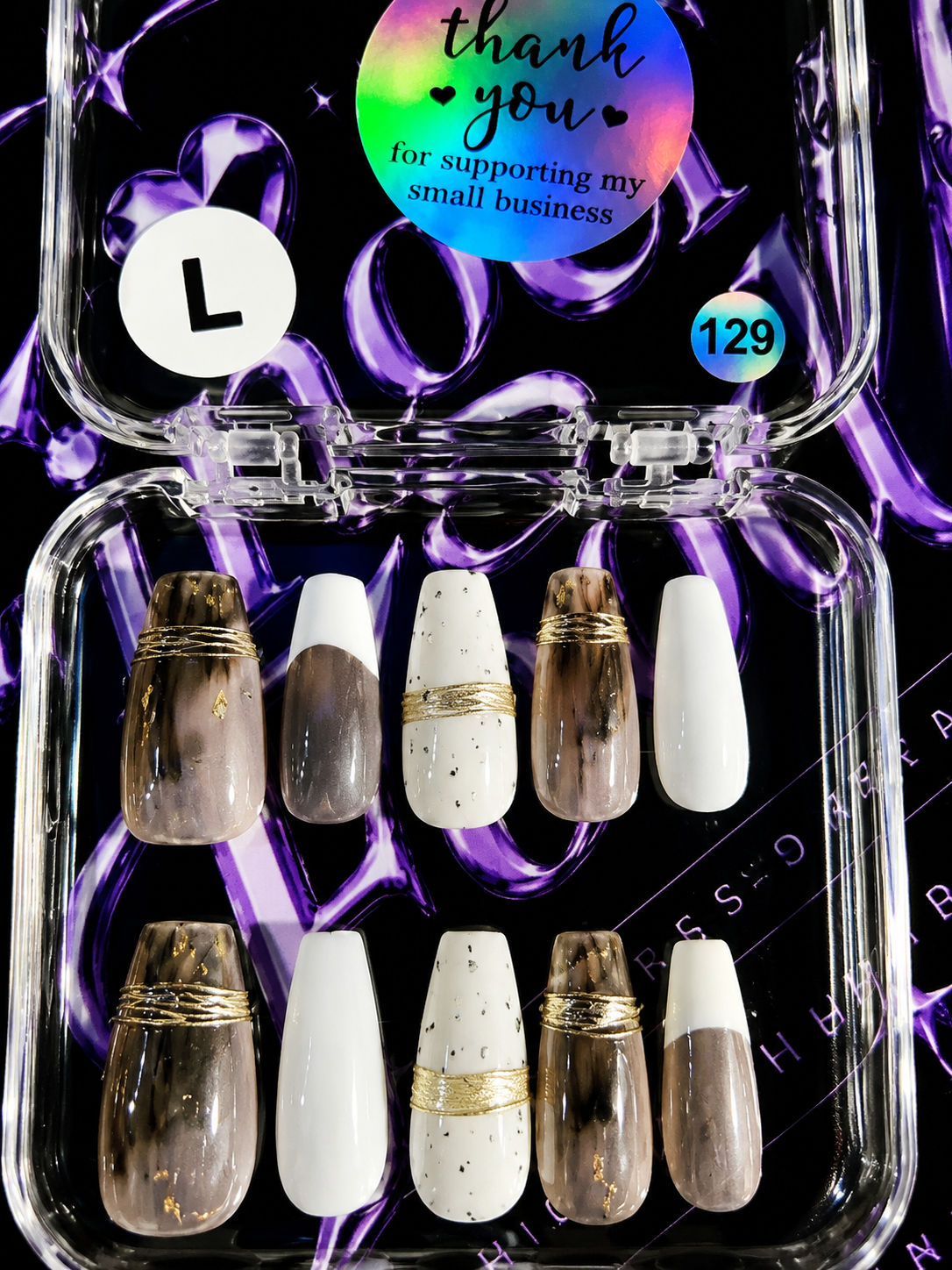 🤎✨ SMOKY GOLD #129 – Large Marble & Gold Press-On Nails