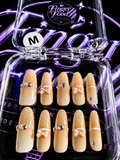 🎀✨ CHAMPAGNE BOWS #40 – Medium Nude, Gold & Pearl Press-On Nails ✨🎀