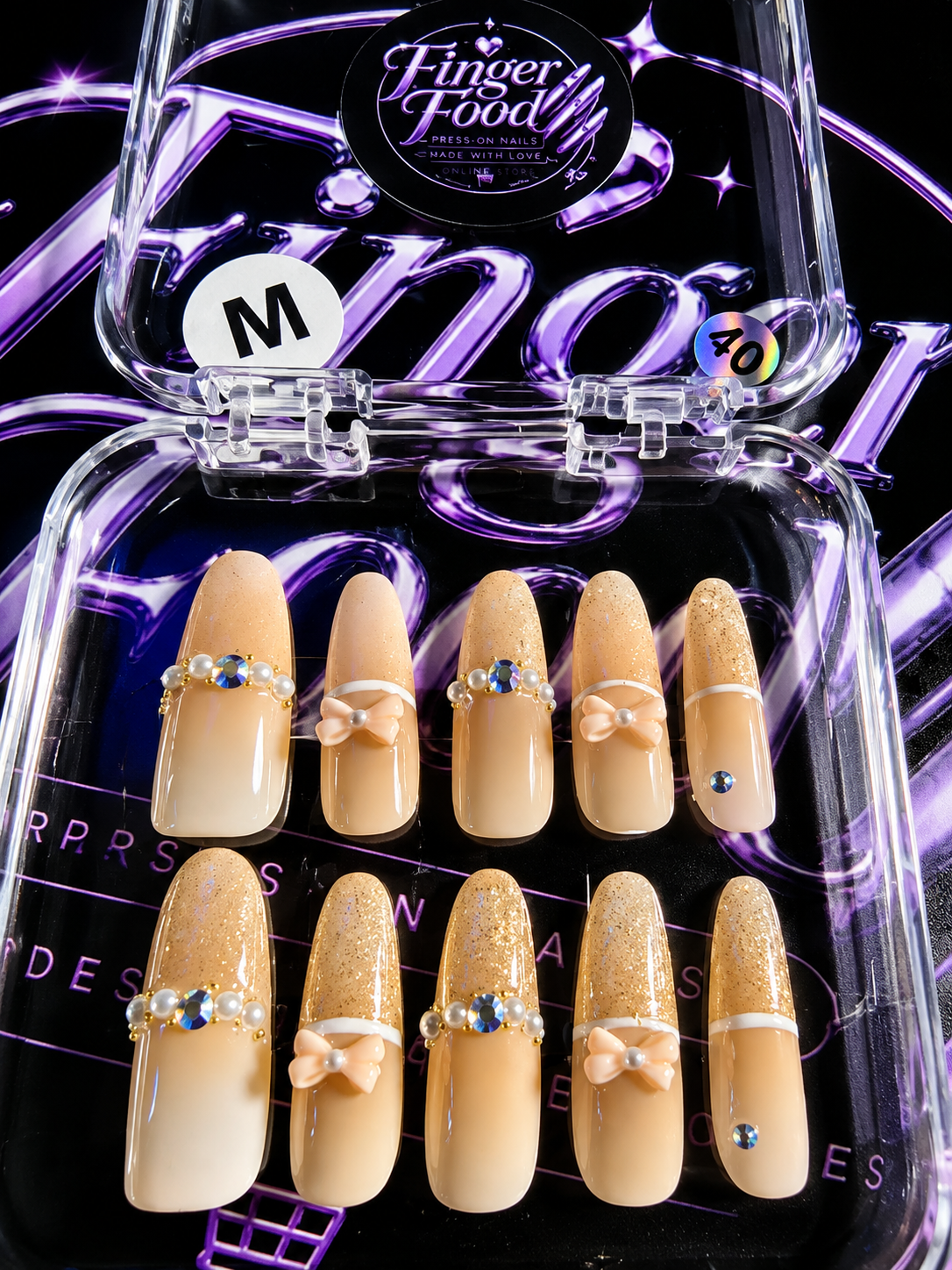 🎀✨ CHAMPAGNE BOWS #40 – Medium Nude, Gold & Pearl Press-On Nails ✨🎀