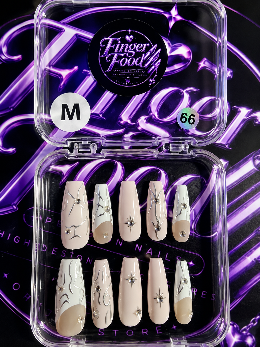 ✨ Silver Starlight-#66✨ — Medium Nude & Silver Press-on Nails