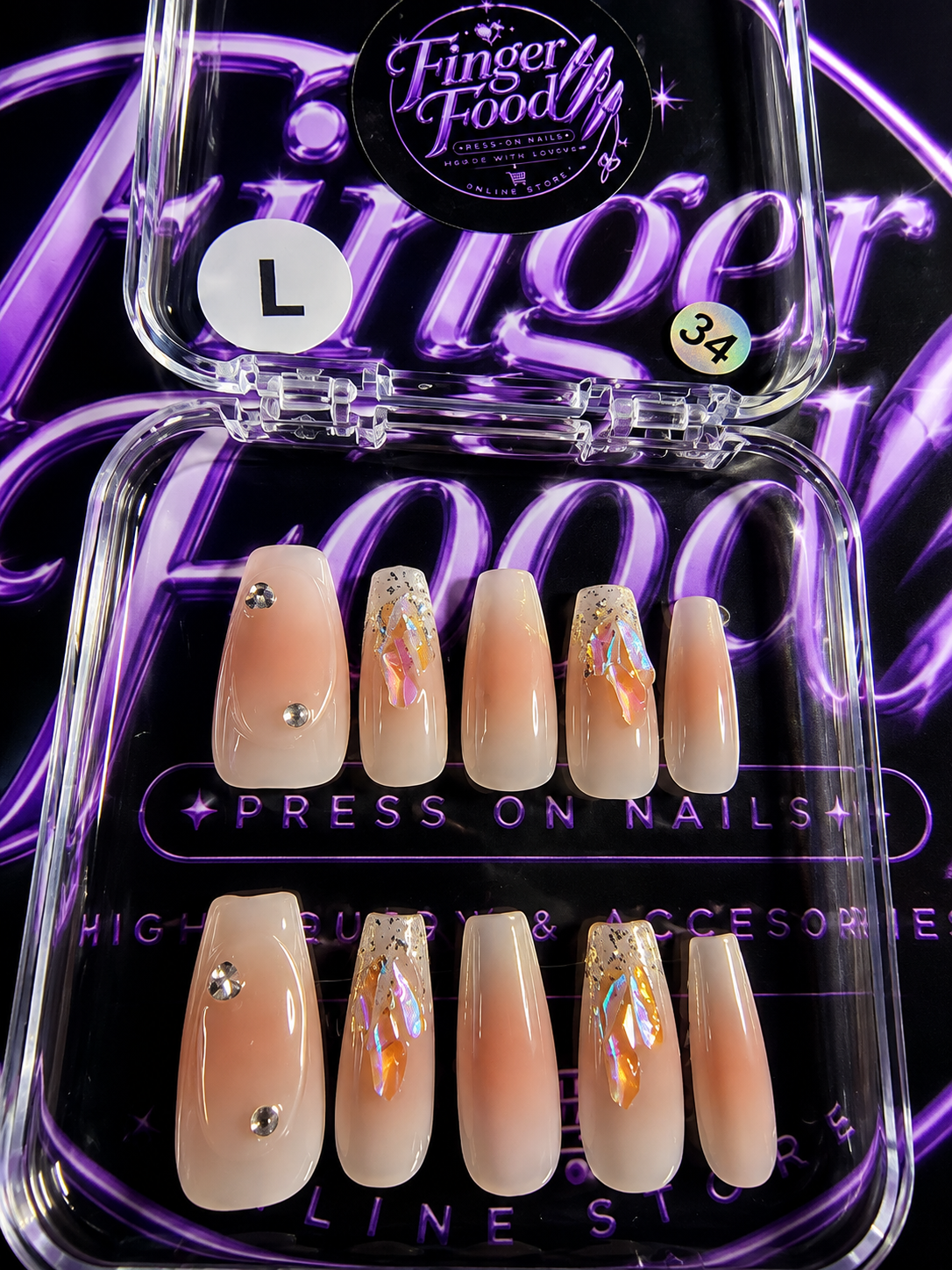 ✨ Golden Aura #34 – Large Nude Holographic Rhinestone Press-On Nails ✨