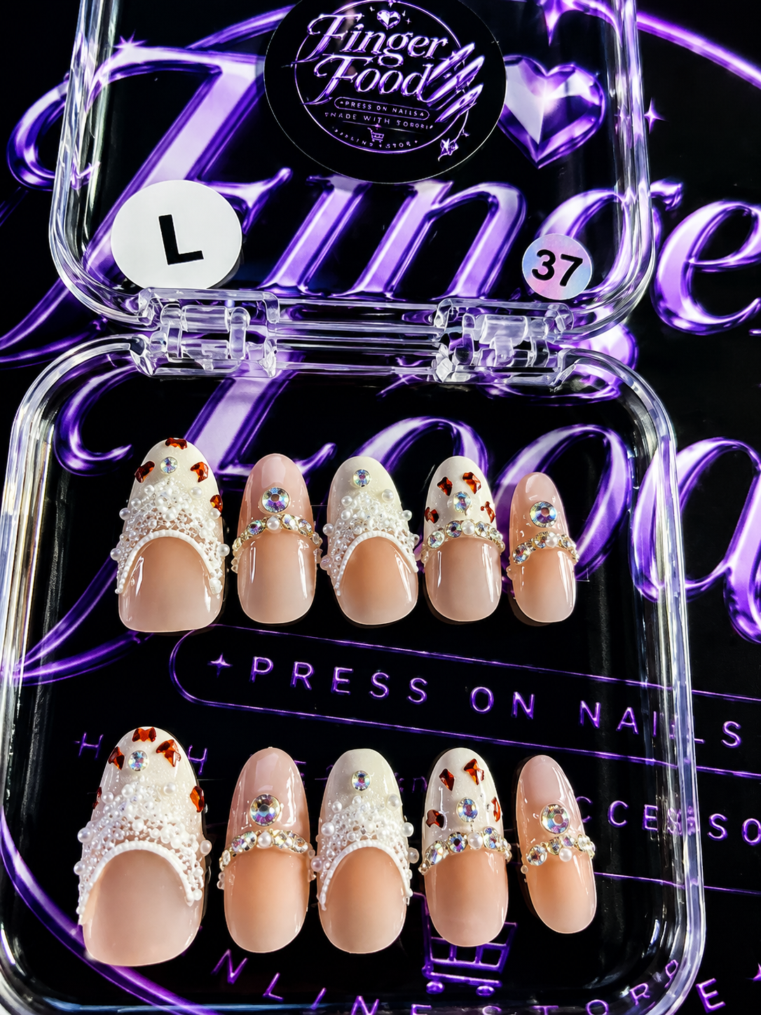 💎🤍 Crystal Kiss #37 – Large Nude Pearl & Rhinestone Press-On Nails ❤️✨