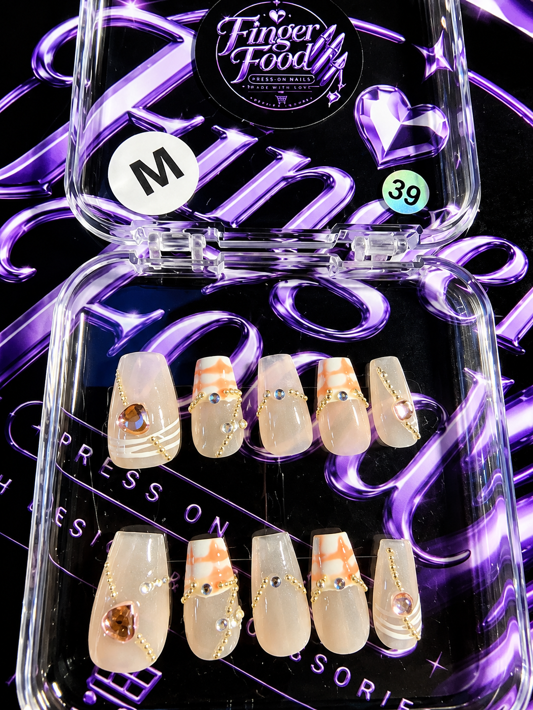 🧡✨ Peach Champagne-#39 – Medium Nude, Gold & Rhinestone Press-On Nails ✨💎