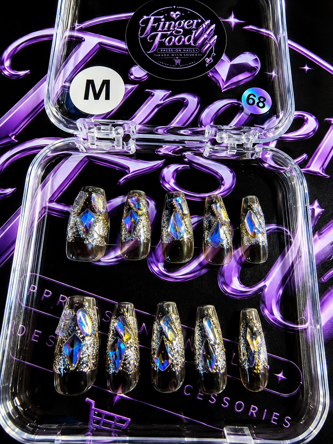 💎🖤 MIDNIGHT DIAMONDS#68 – Medium Black Crystal Press-On Nails 🖤💎