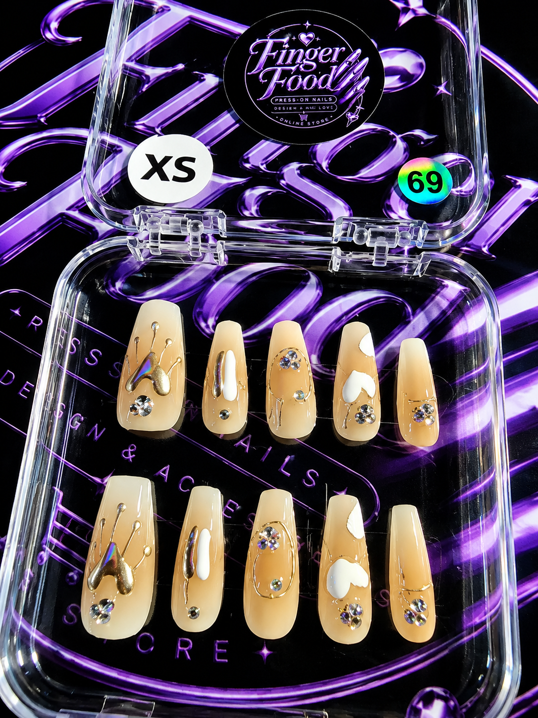 ✨💛 GOLDEN DRIP #69 – Extra Small Nude, Gold & Rhinestone Press-On Nails 💛✨