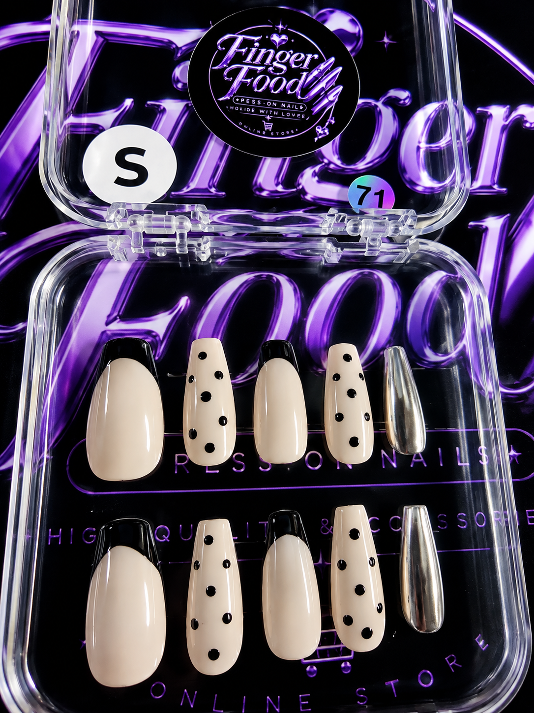 🖤✨ Polka Dot Chic #71 – Small Nude, Black & Chrome Press-On Nails ✨🖤