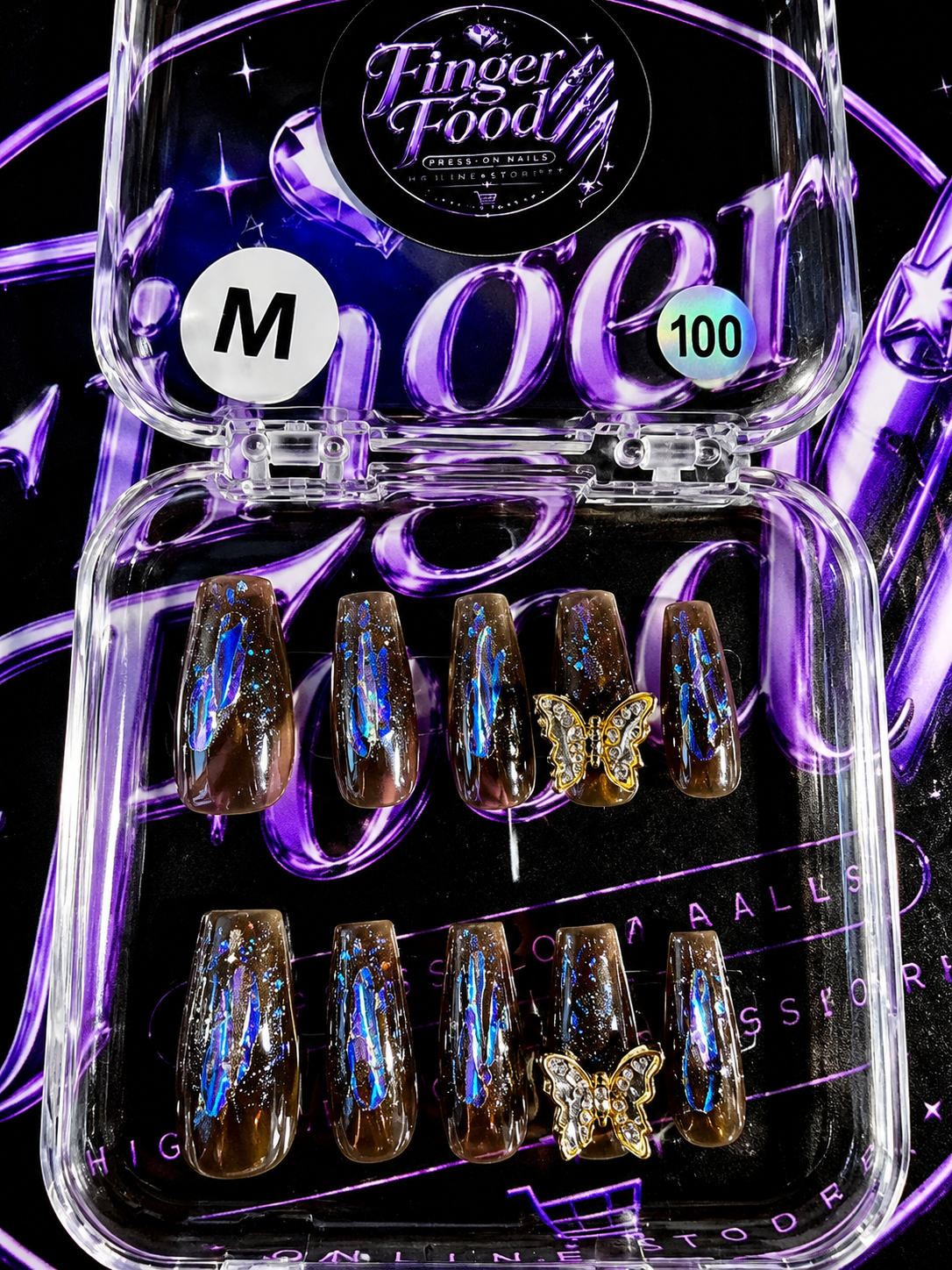 🦋✨ MIDNIGHT BUTTERFLY #100 – Medium Brown & Holographic Press-On Nails
