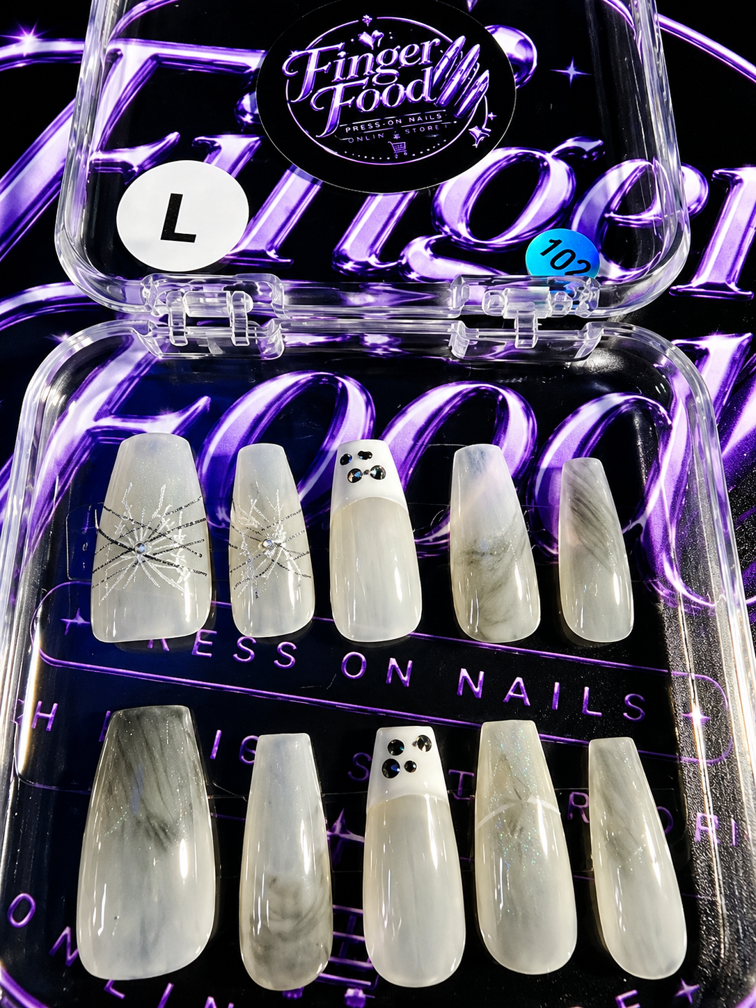🤍❄️ FROSTED MARBLE #102– Large White Marble & Silver Press-On Nails ❄️🤍