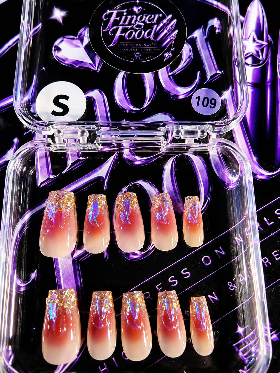 🌅✨ SUNSET SPARKLE #109 – Small Pink Ombré & Holographic Press-On Nails ✨🌅