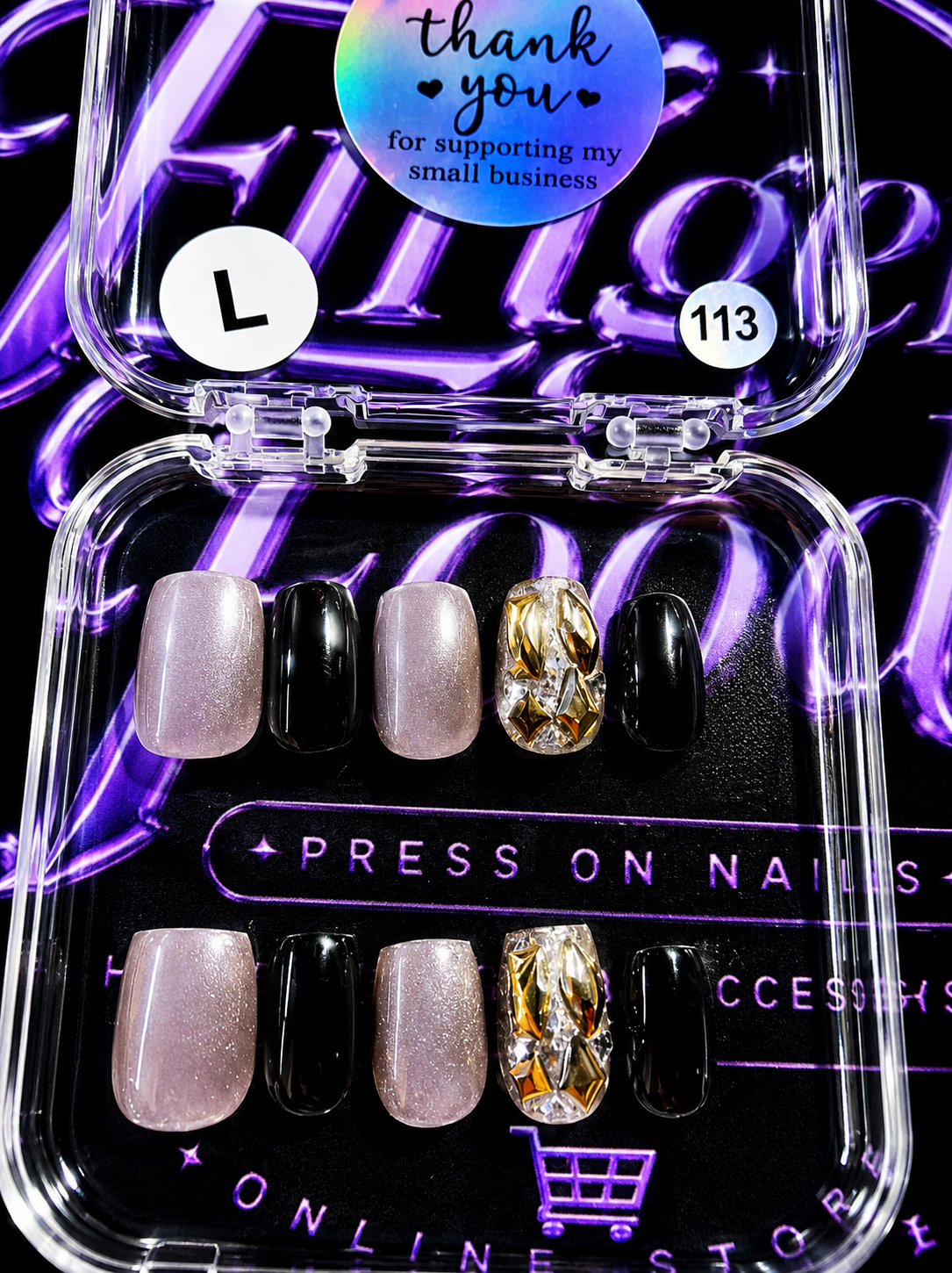 🖤✨ BLACK GOLD LUXE #113 – Large Black, Nude & Gold Crystal Press-On Nails