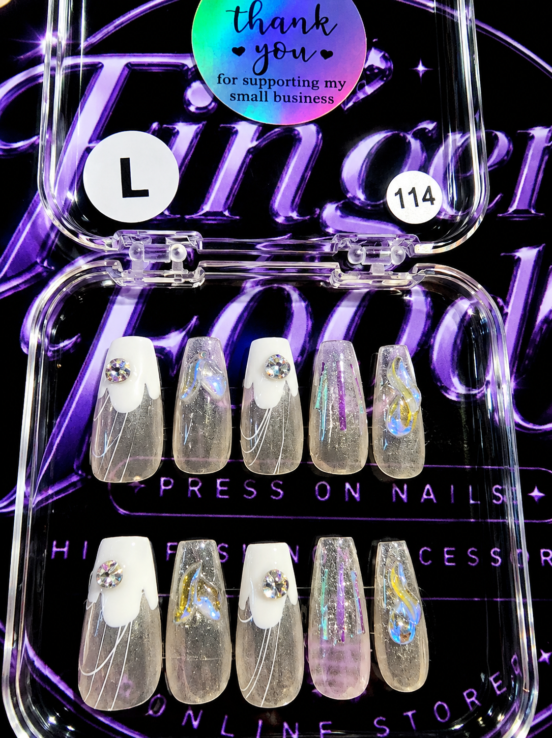 💎✨ HOLOGRAPHIC DRIP #114 – Large Silver &amp; Iridescent Crystal Press-On Nails