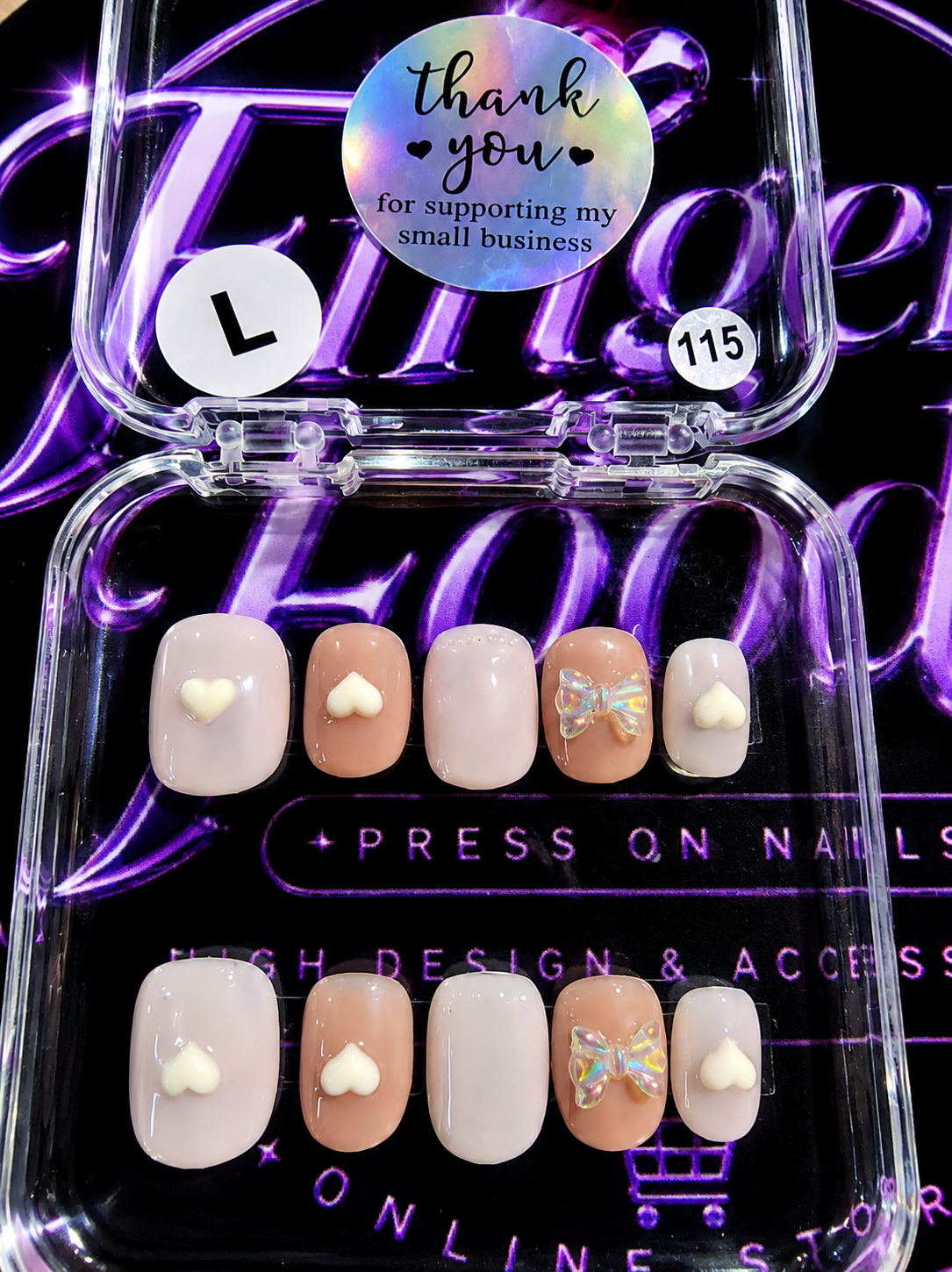 🤍🦋 SWEETHEART BOWS #115 – Large Nude & Pearl Heart Press-On Nails