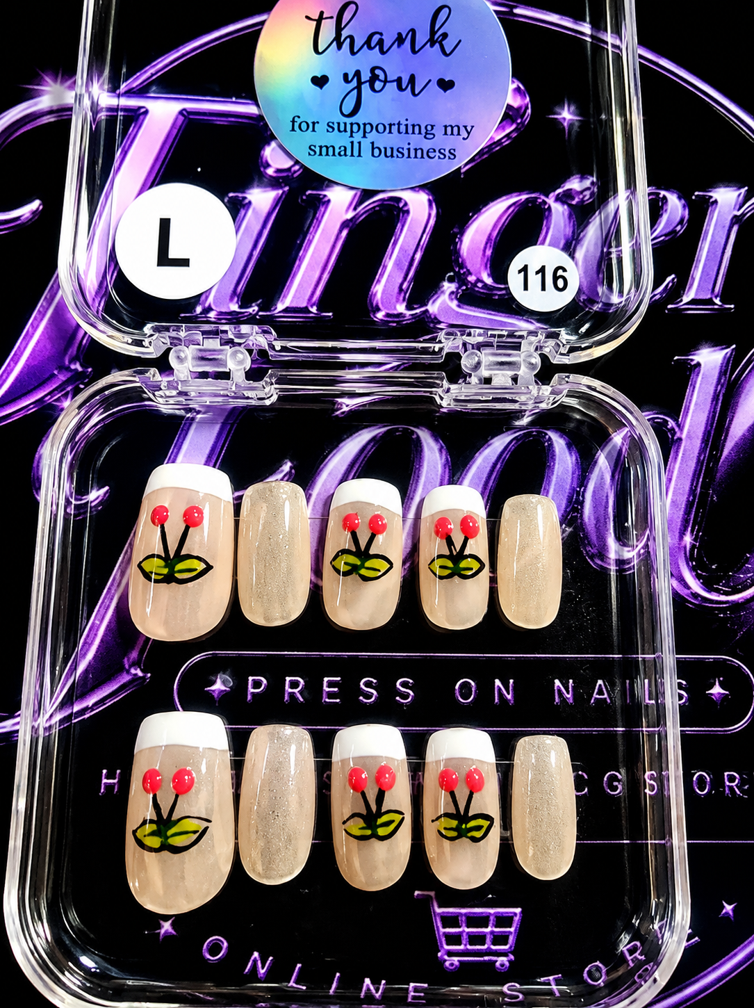 🌸❤️ CHERRY BLOSSOM KISS #116 – Large Nude & Cherry Floral Press-On Nails