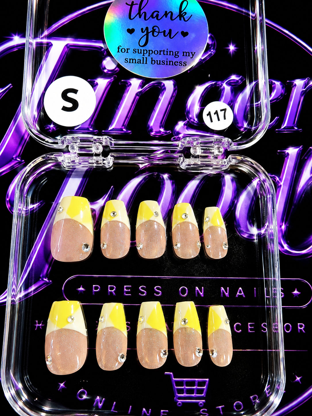 💛✨ LEMON GLOW #117 – Small Nude & Yellow Crystal Press-On Nails