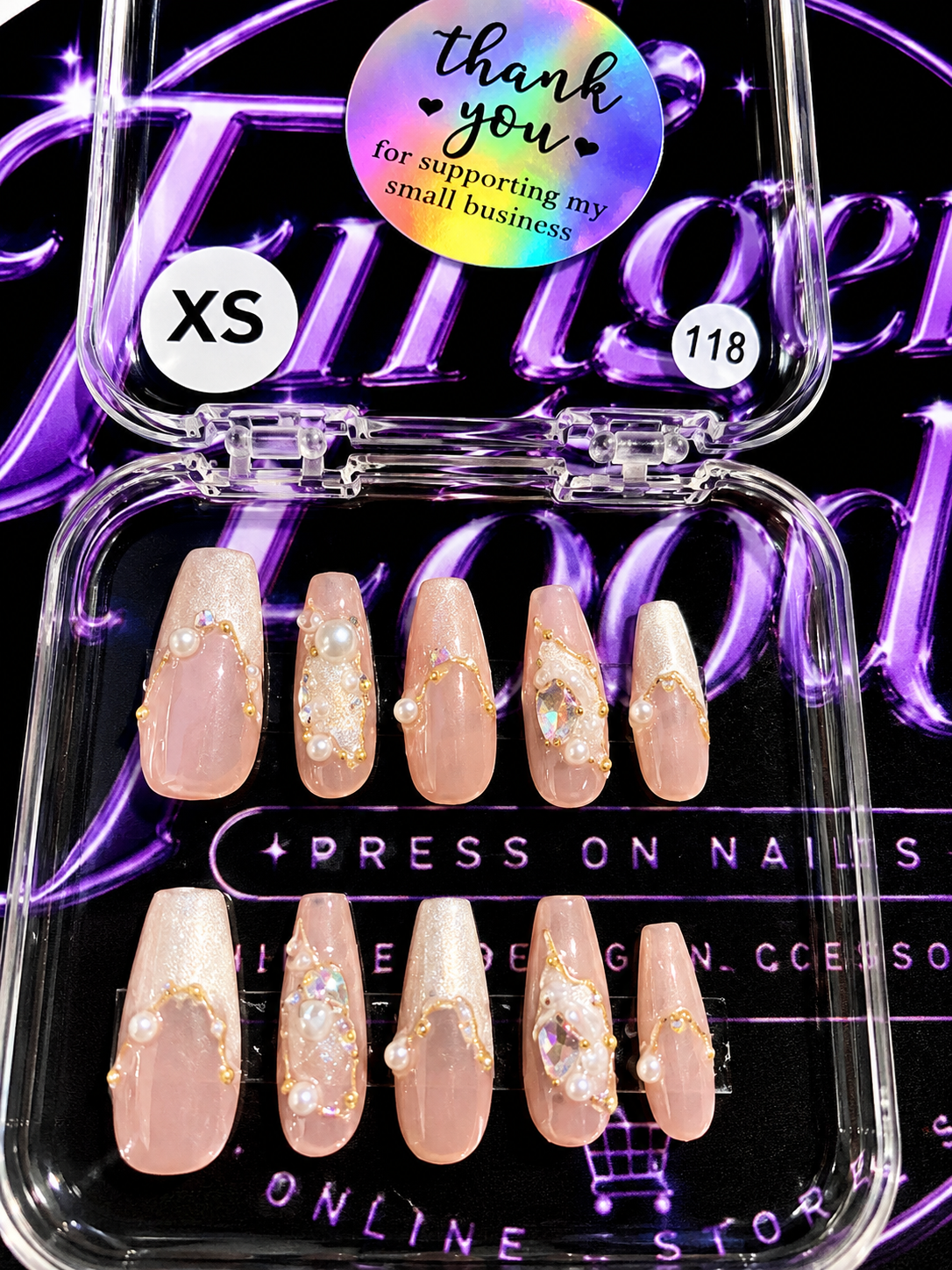 🌸💎 BLUSHING PEARL #118 – Extra Small Pink & Gold Crystal Press-On Nails