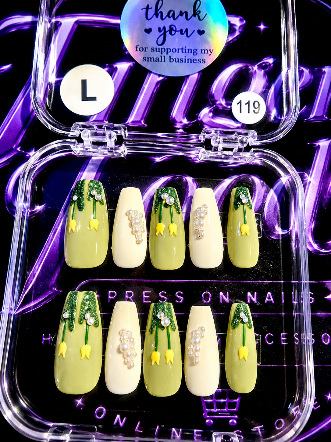 💚🌷 SPRING GARDEN #119 – Large Green & Cream Floral Press-On Nails