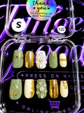 💚✨ GOLDEN GARDEN #120 – Small Sage Green, Cream & Gold Press-On Nails