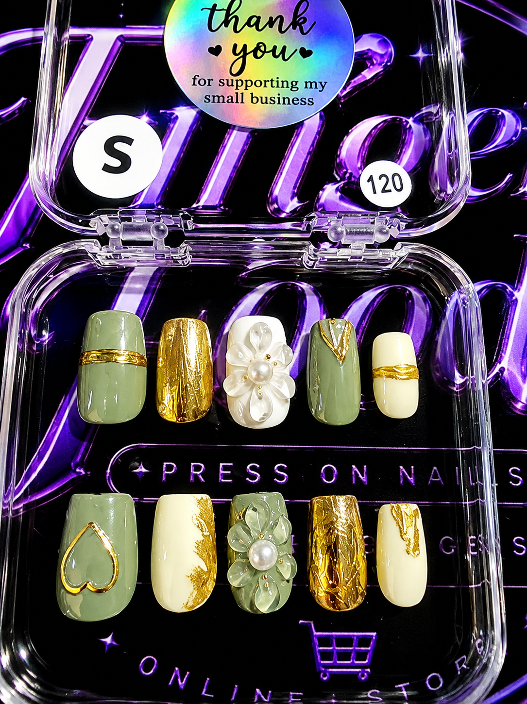 💚✨ GOLDEN GARDEN #120 – Small Sage Green, Cream & Gold Press-On Nails