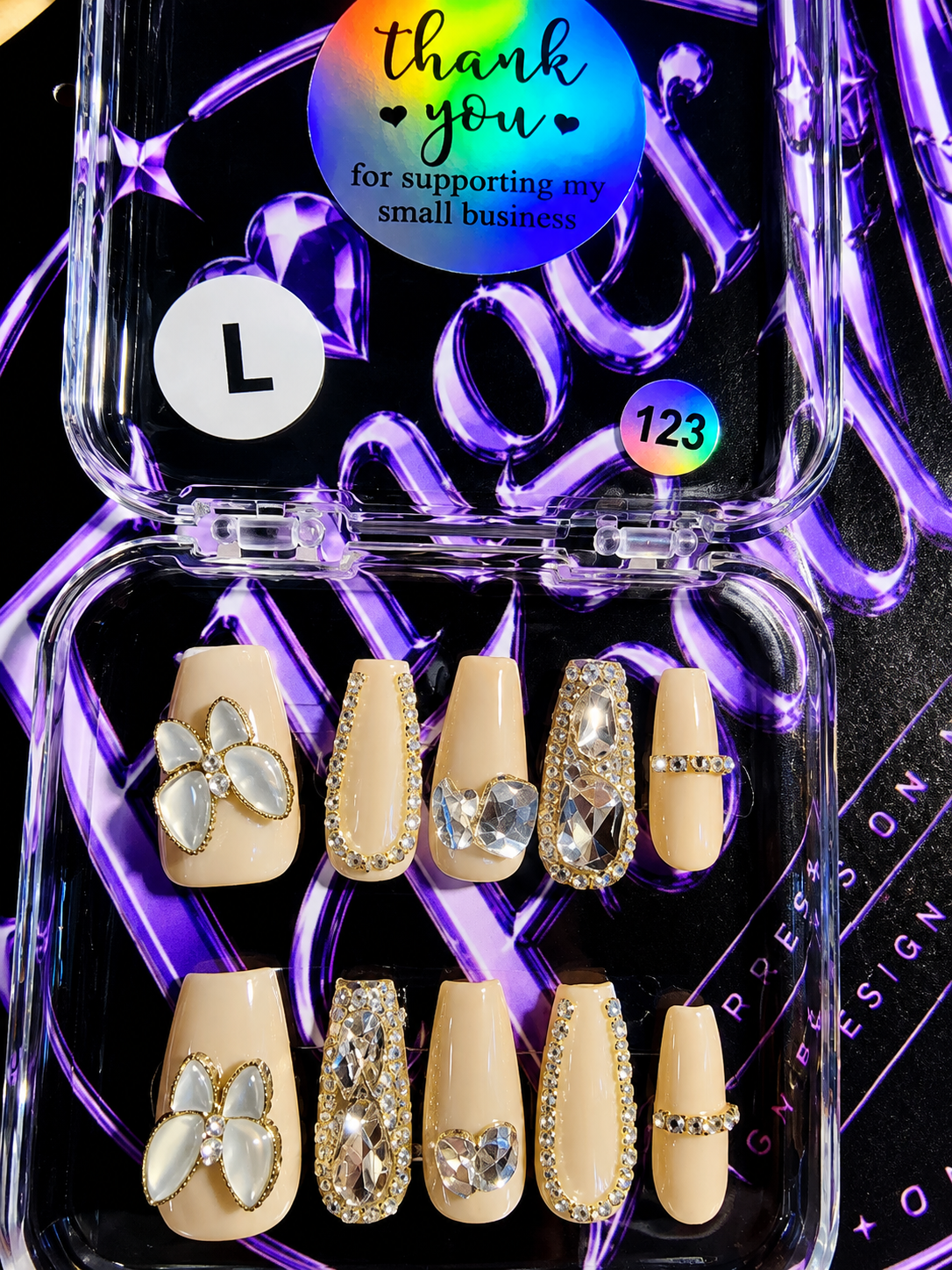 💎🌸 CRYSTAL BLOSSOM #123– Large Nude & Diamond Press-On Nails