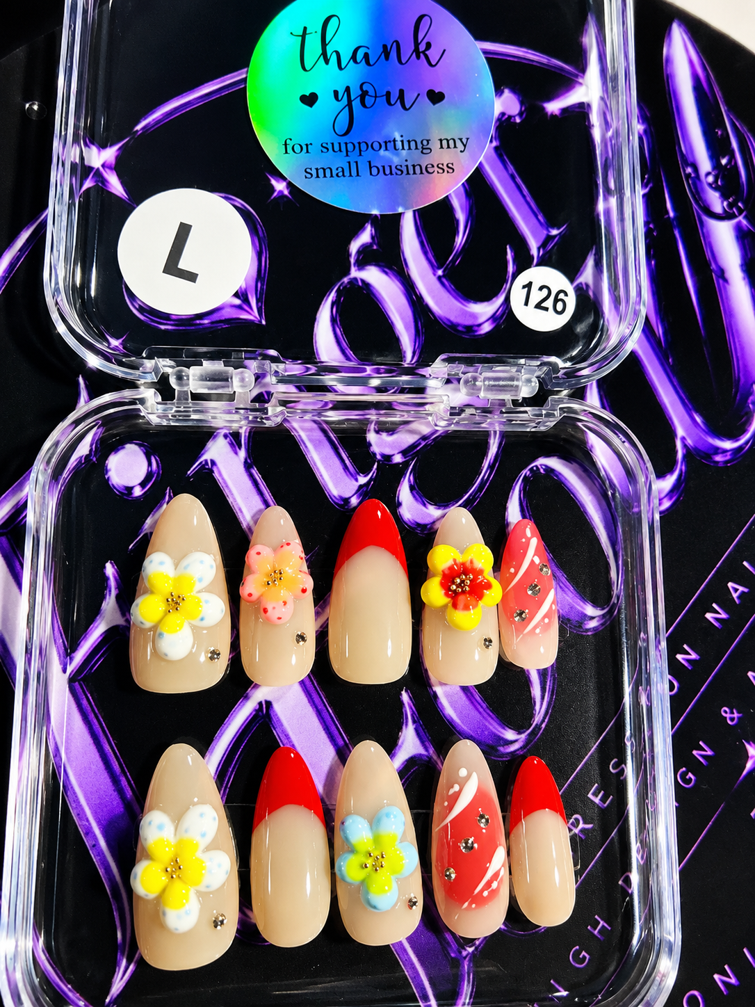 🌺❤️ TROPICAL BLOOM #126 – Large Floral Press-On Nails