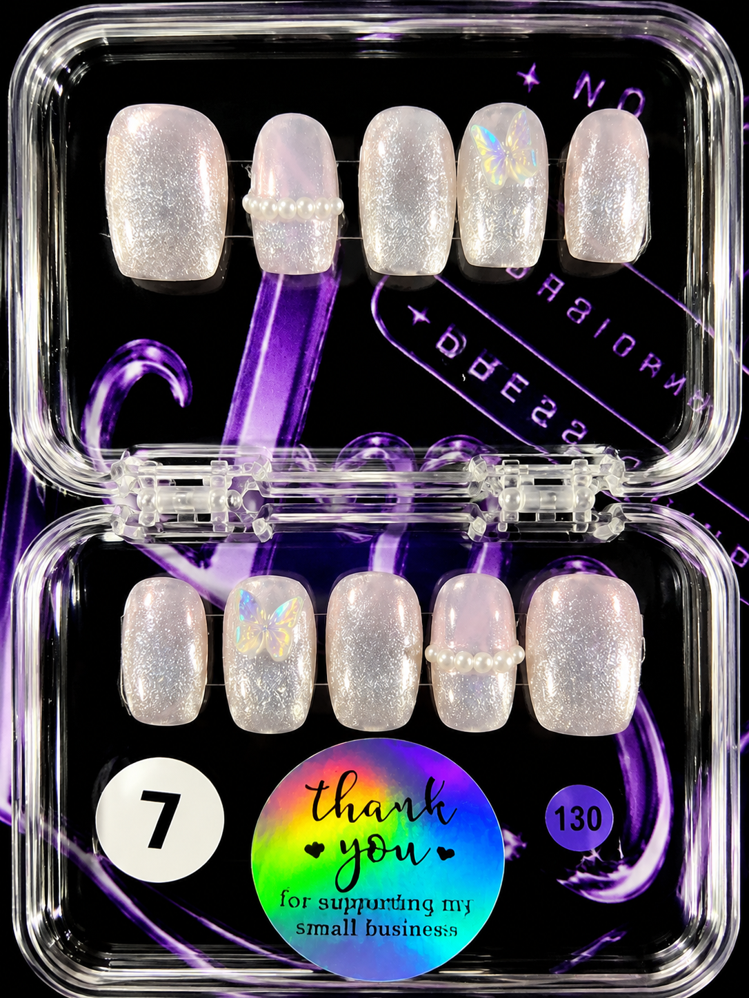 🦋🤍 PEARL BUTTERFLY #130– Large Shimmer Press-On Nails