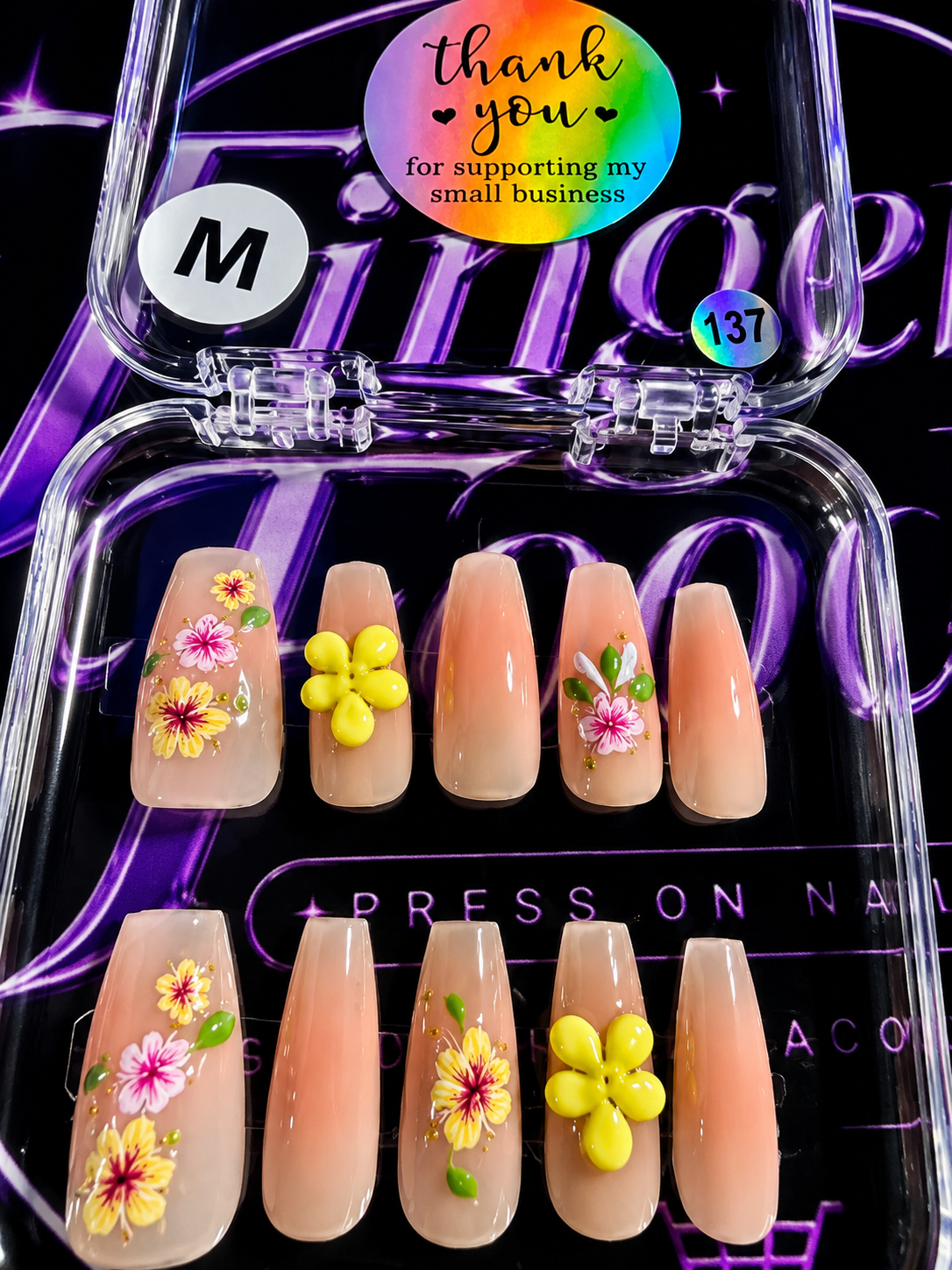 🌼✨ SUNSHINE BLOOM #137 – Medium Floral Press-On Nails