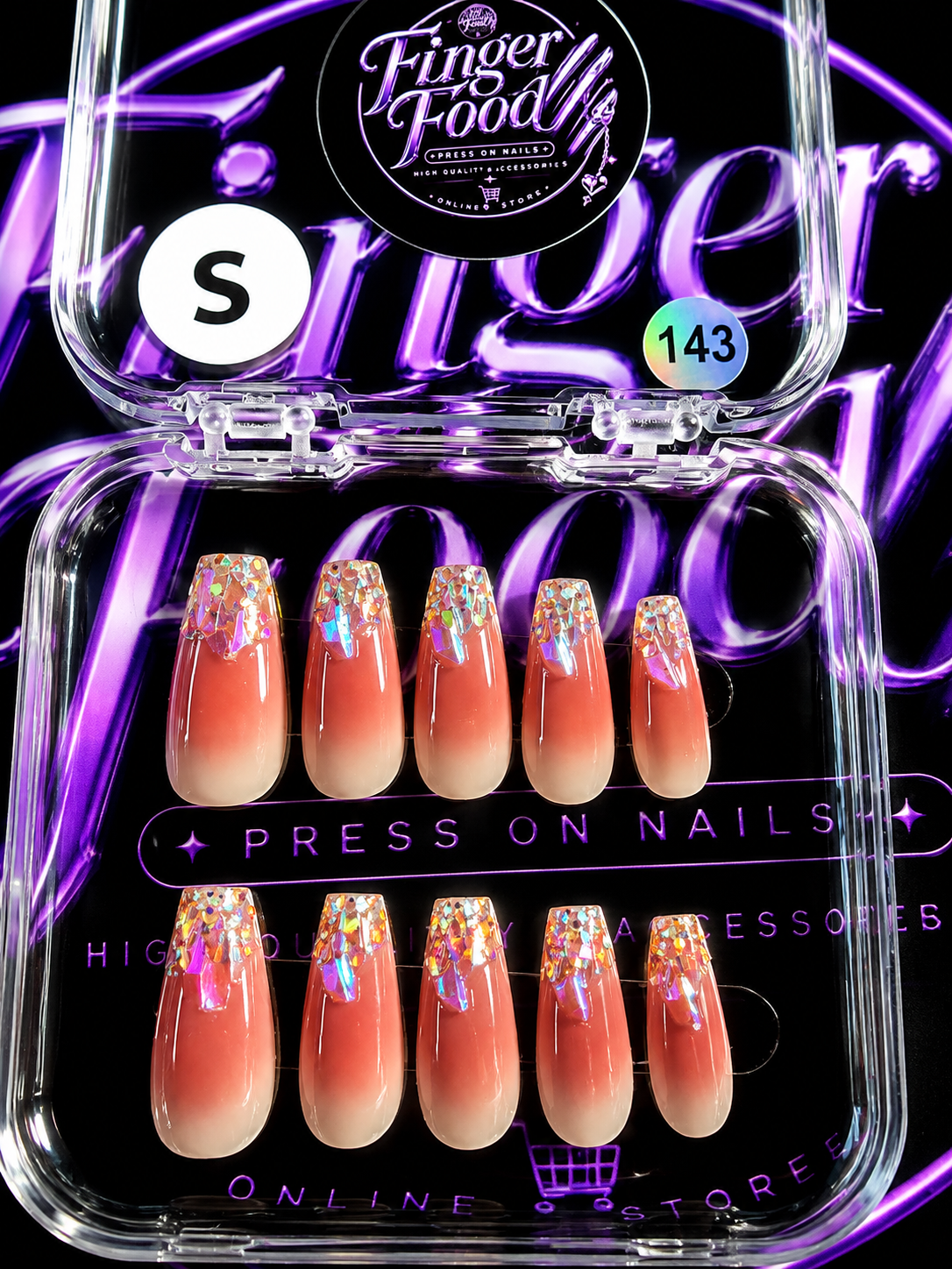 🍑✨ HOLOGRAPHIC SUNSET # 143– Small Peach & Iridescent Foil Press-On Nails