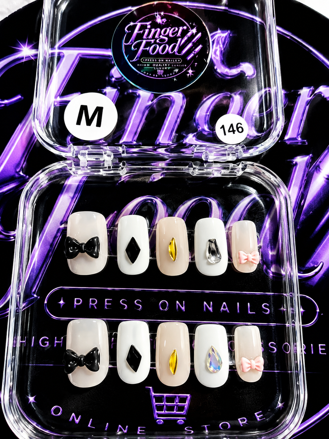 🖤🎀 BLACK TIE BOWS #146– Medium White, Nude & Crystal Press-On Nails