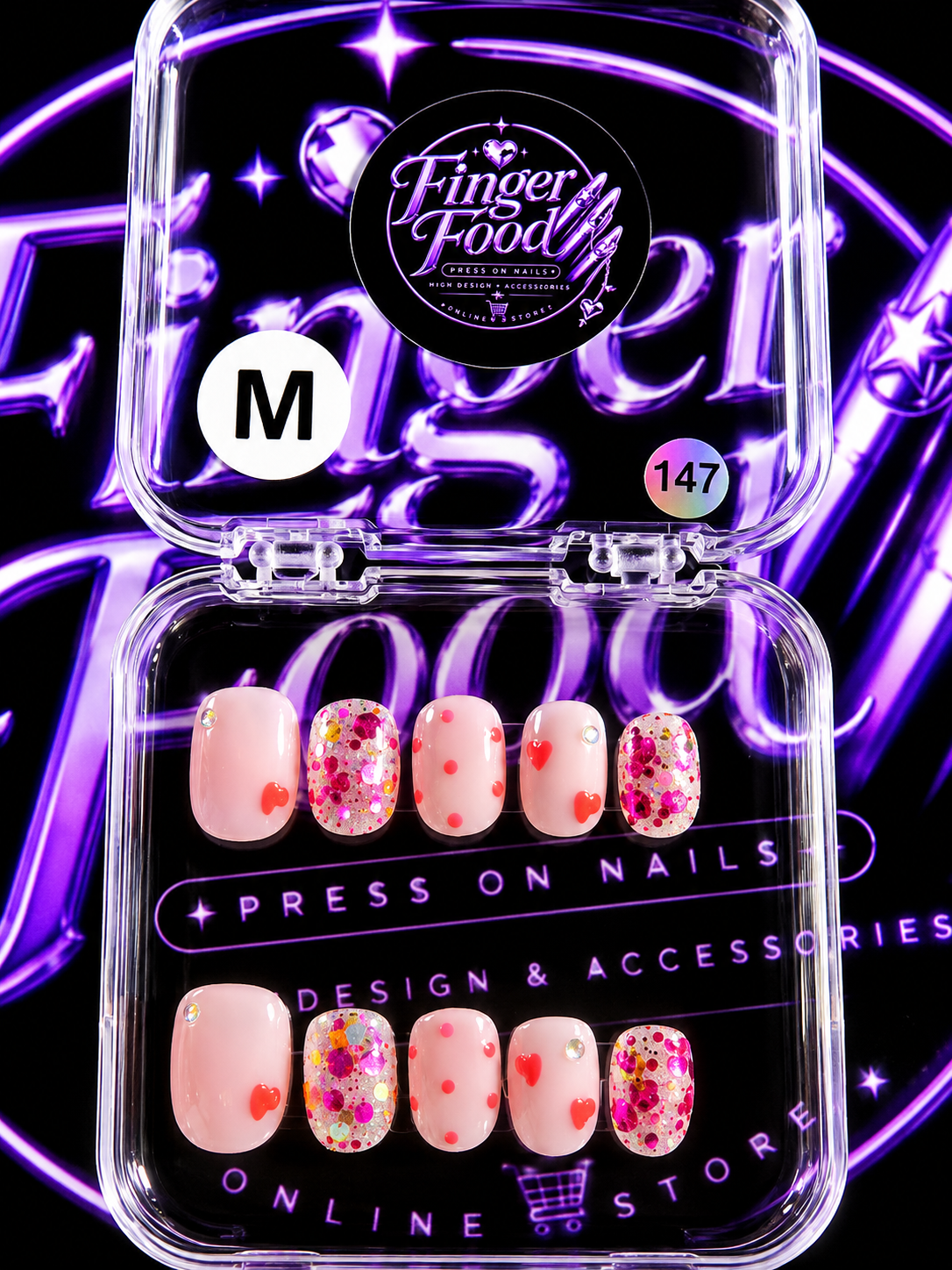 💕✨ LOVE CONFETTI #147– Medium Pink Heart & Glitter Press-On Nails