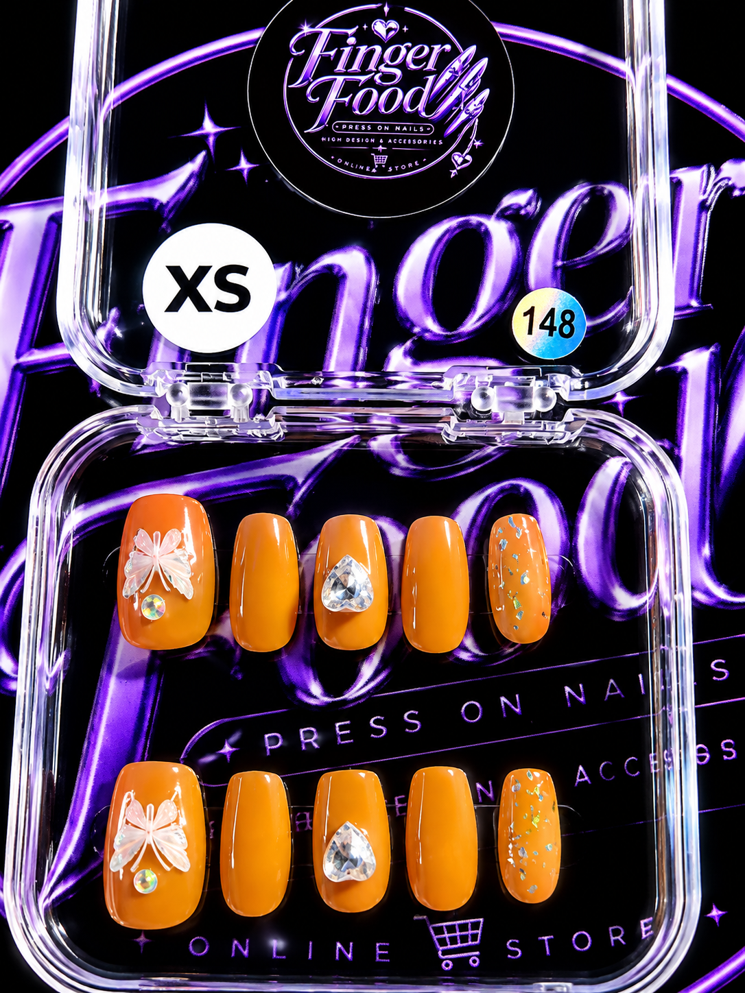 🍊✨ Citrus Butterfly #148 – XS Orange Crystal Press-On Nails