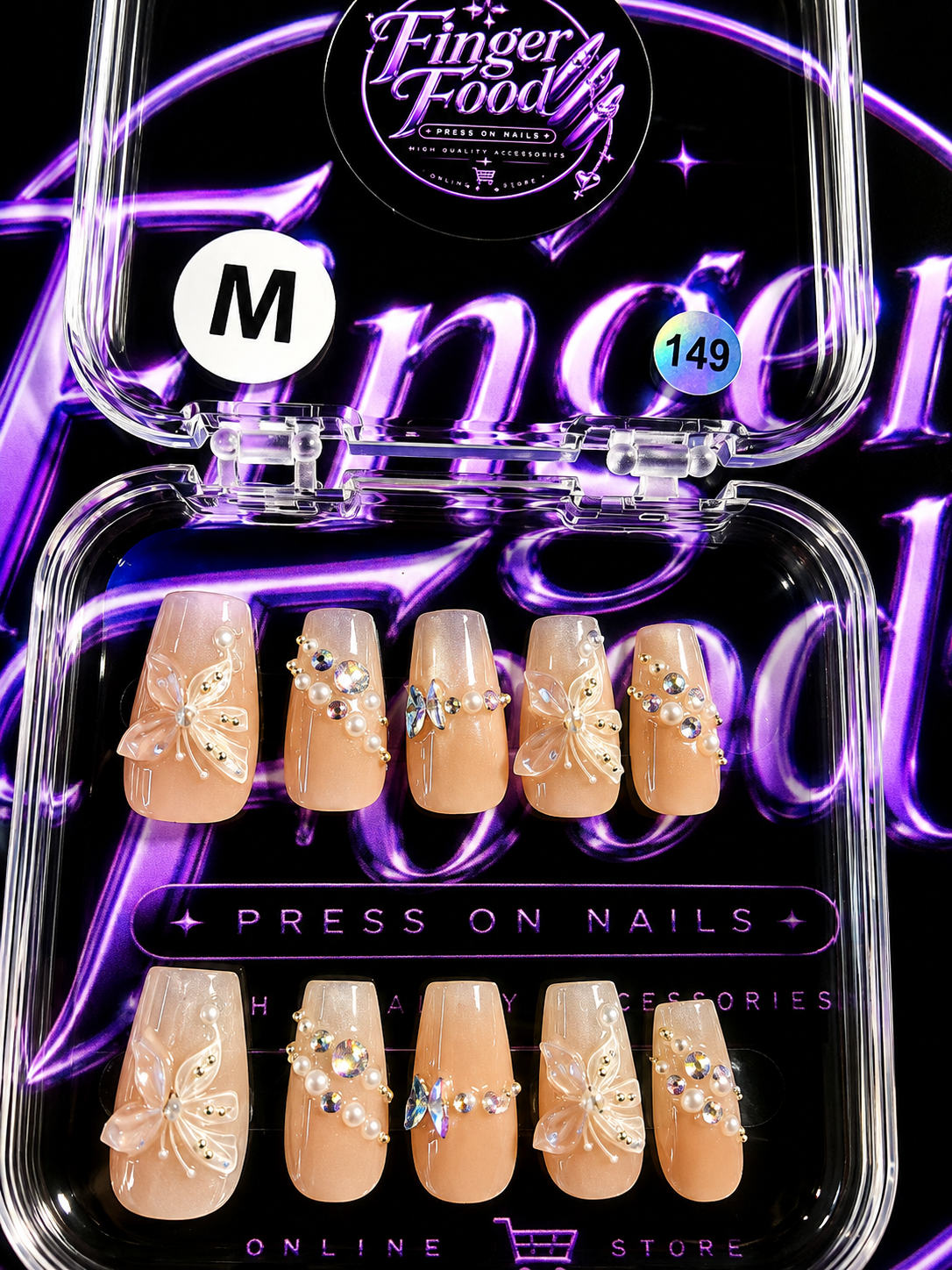 🎀💎 BUTTERFLY KISSES #149 – Medium Nude & Pearl Crystal Press-On Nails