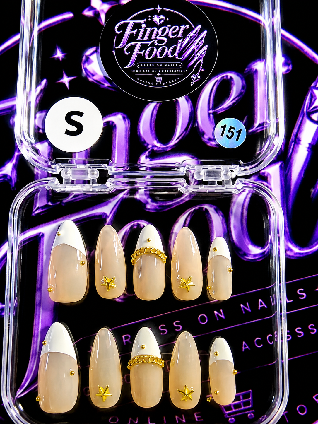 🤍✨ GOLDEN STAR FRENCH #151 – Small Nude & Gold Star Press-On Nails