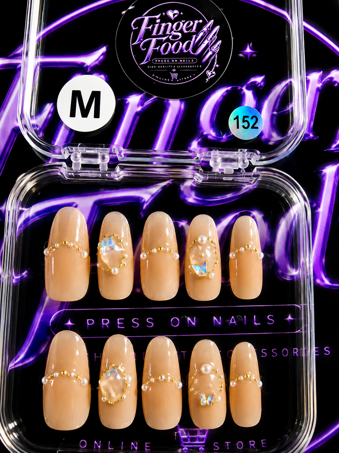 🤍✨ PEARL BUTTERFLY #152 – Medium Nude & Gold Crystal Press-On Nails
