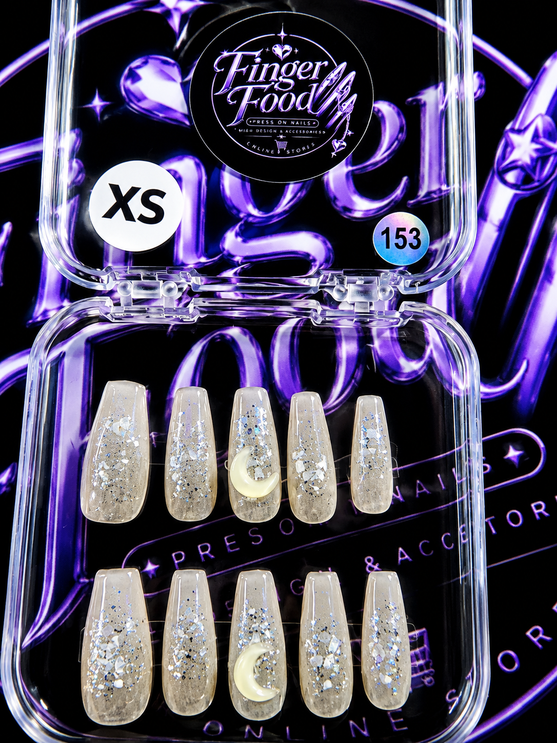 💎 Moonlit Silver #153 – XS Holographic Crystal Press-On Nails