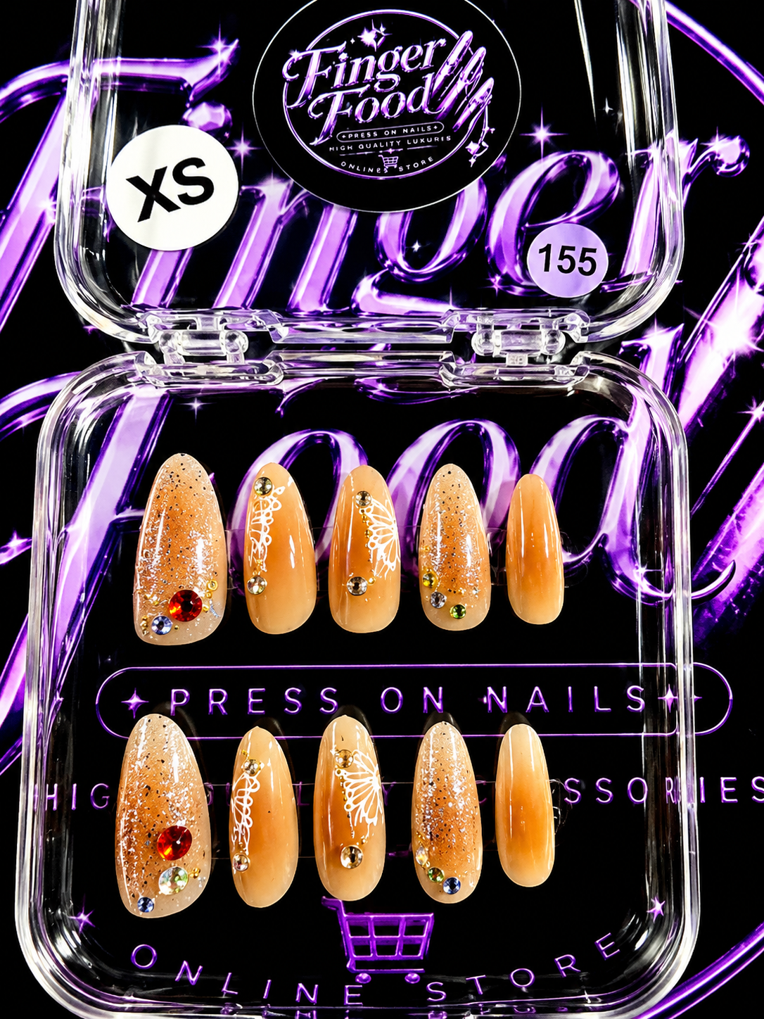🍯✨ HONEY GLOW #155 – Extra Small Amber & Crystal Press-On Nails