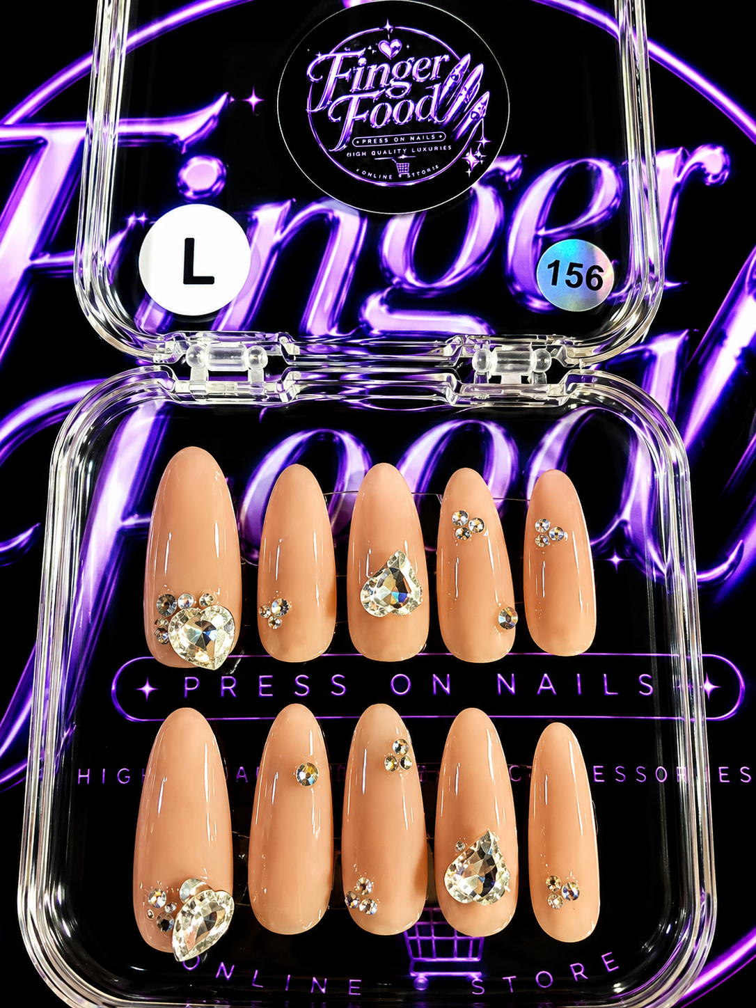 🤎💎 NUDE DIAMOND HEART #156 – Large Nude & Crystal Press-On Nails