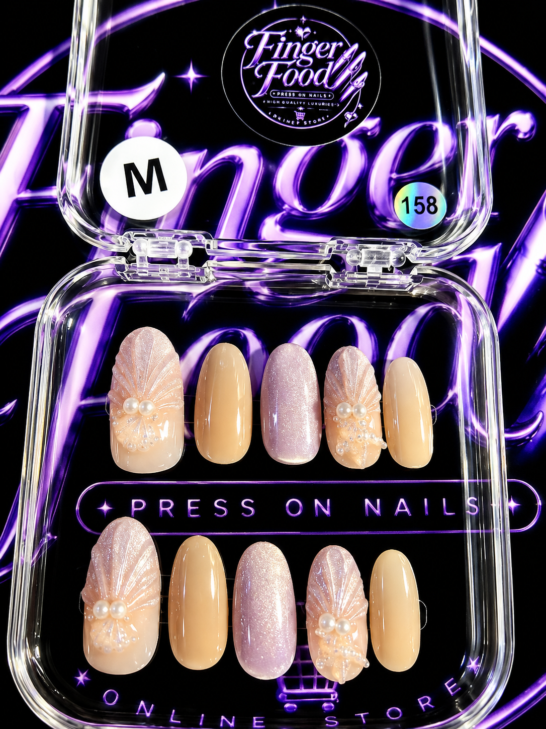 🤍✨ PEARL SHELL #158 – Medium Nude, Lilac & Pearl Press-On Nails