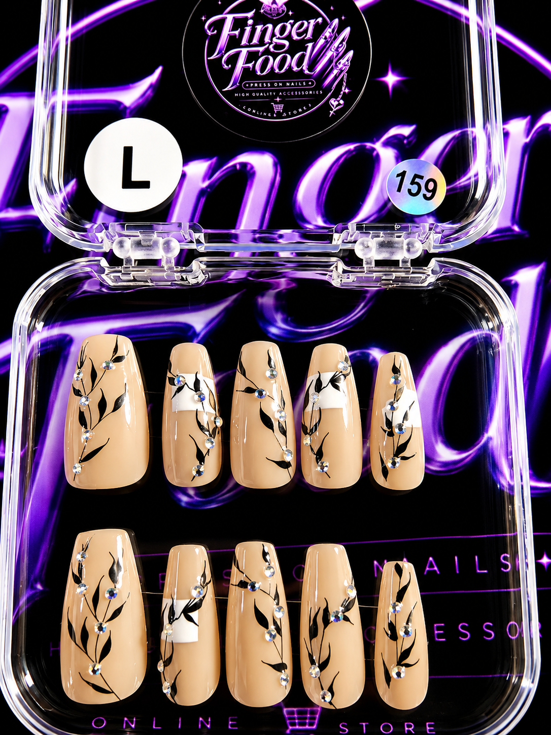 🌿💎 GARDEN JEWELS #159 – Large Nude Botanical & Crystal Press-On Nails