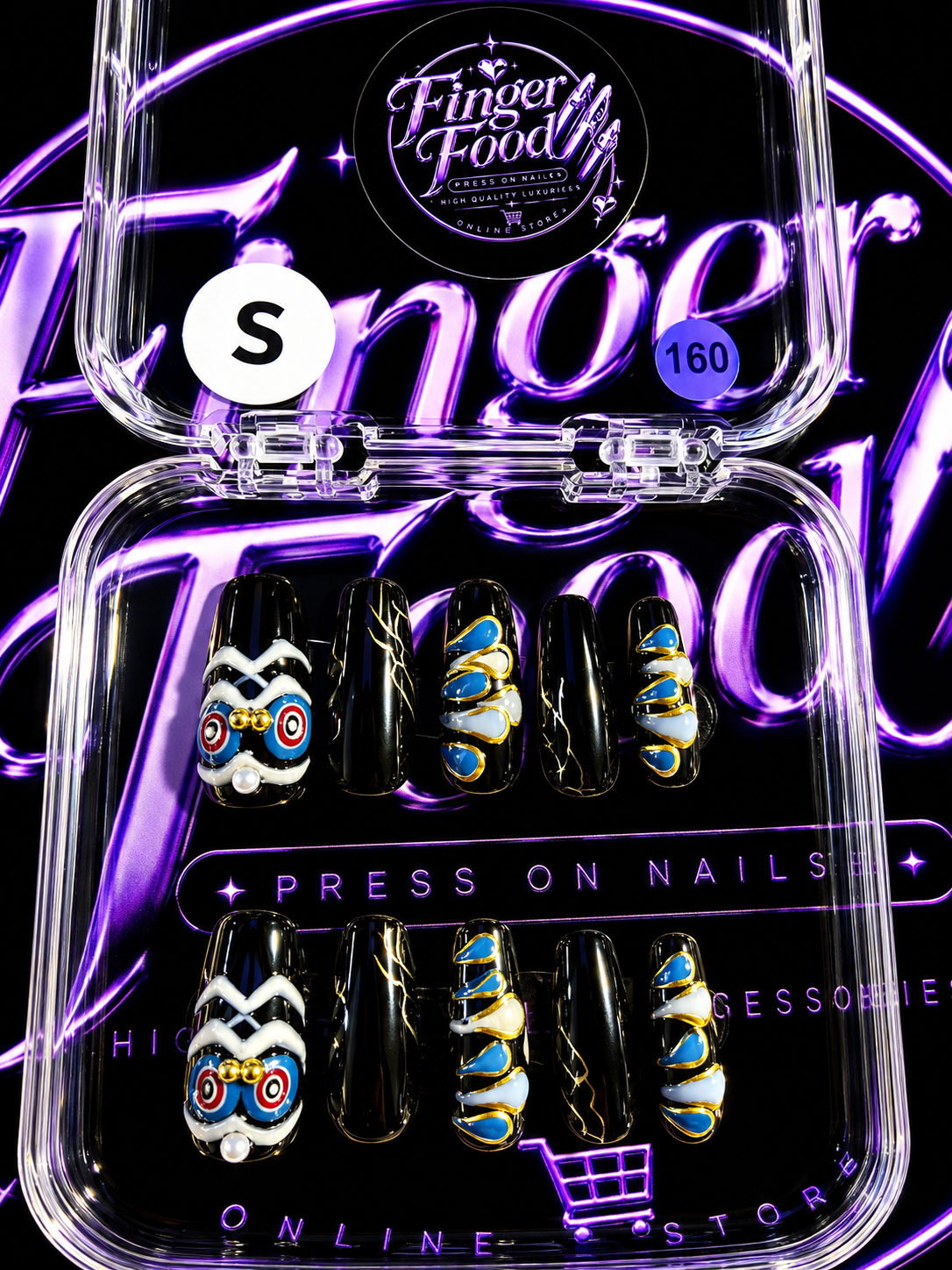 🖤💙 MIDNIGHT MYSTIQUE #160 – Small Black, Blue & Gold Statement Press-On Nails