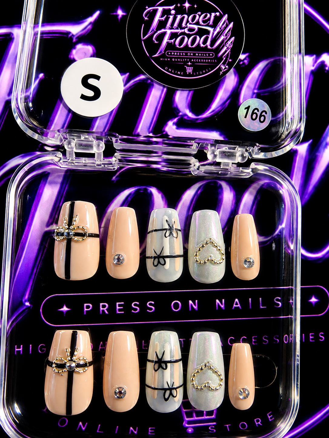 🎀💎 GIFT WRAPPED GLAM #166 – Small Nude, Pearl & Black Bow Press-On Nails