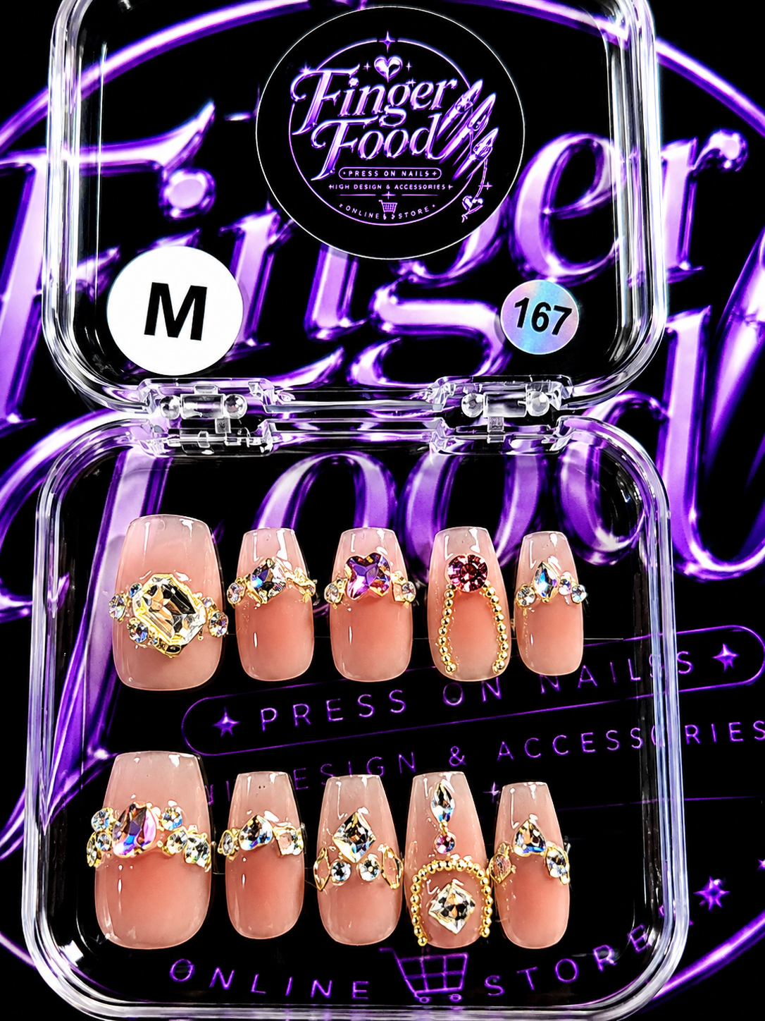 💎✨ Golden Glamour #167 – Medium Nude Crystal Press-On Nails