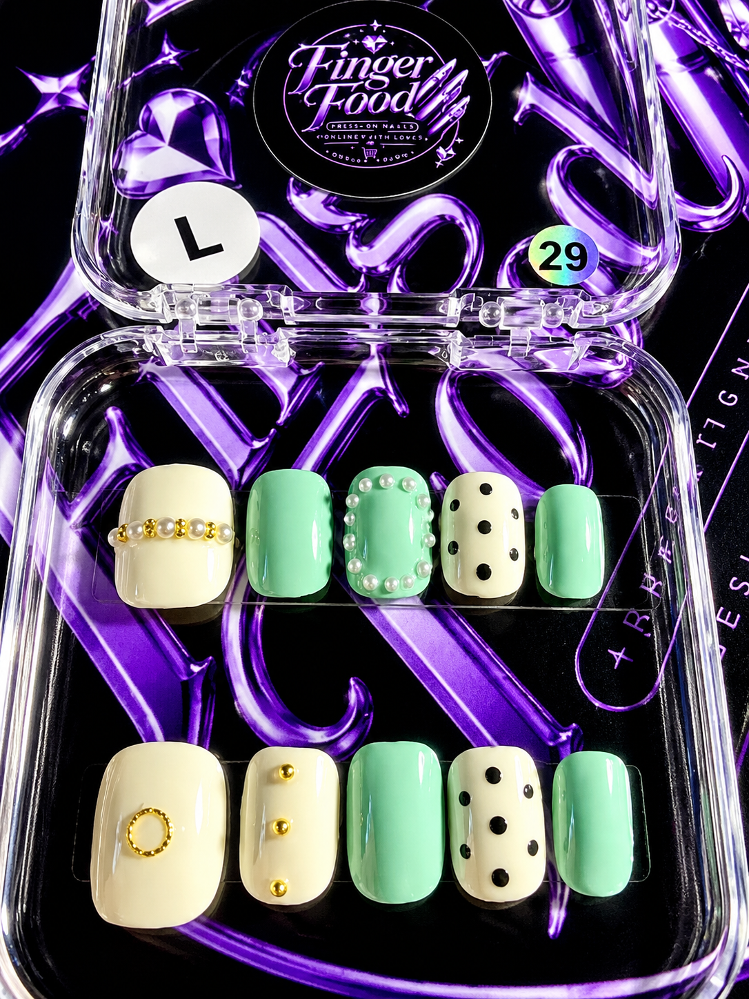 🌿🤍 MINT CONDITION # 29 – Large Mint, Ivory & Pearl Press-On Nails 🤍🌿