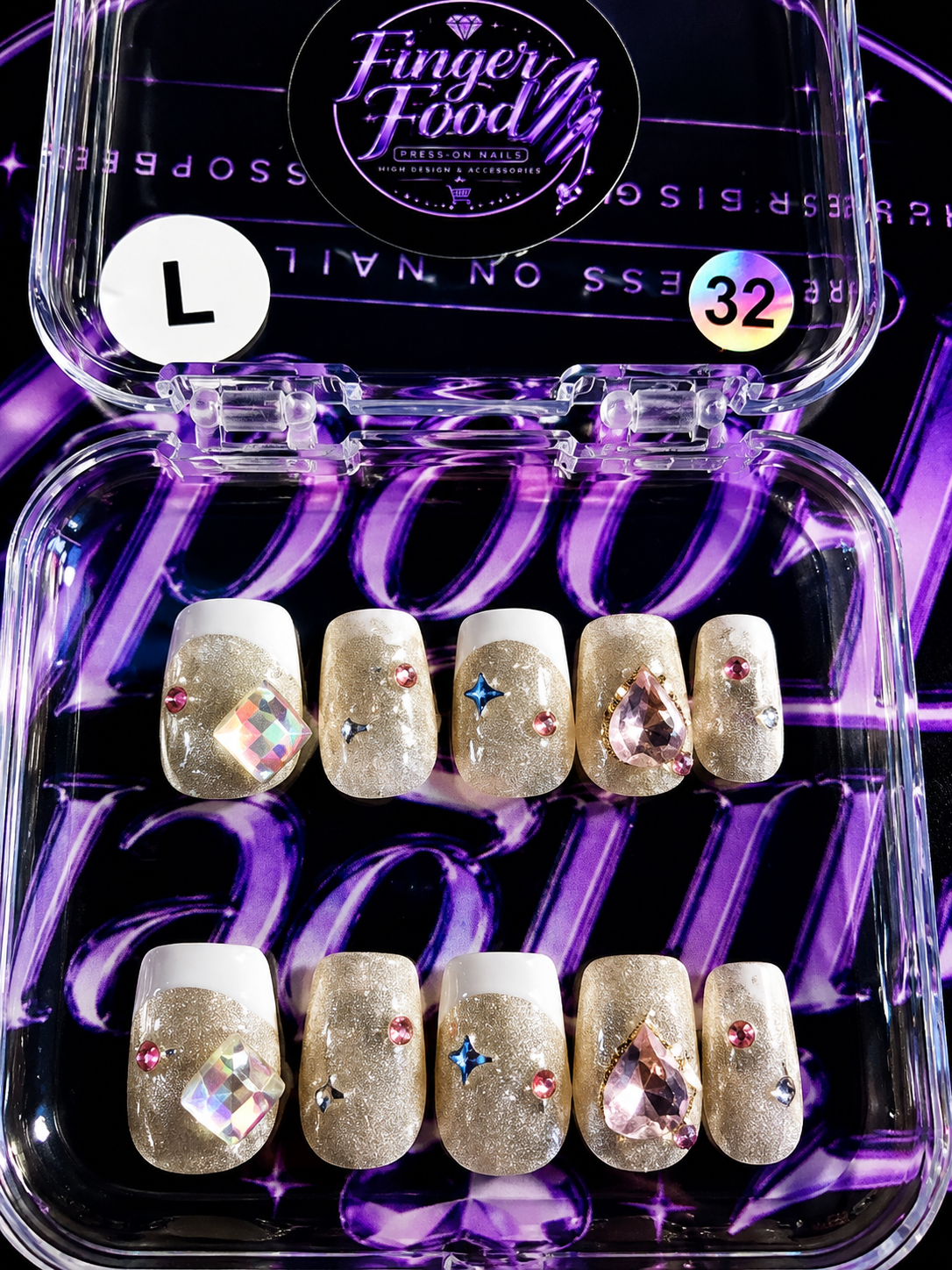 💎✨ CHAMPAGNE JEWELS #32 – Large Glitter & Crystal Press-On Nails