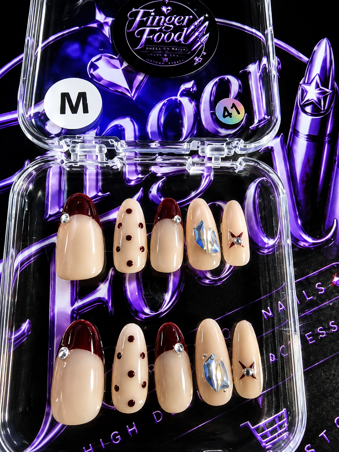 🍷💎 BURGUNDY BLING #41 – Medium Nude & Wine Rhinestone Press-On Nails 💎🍷