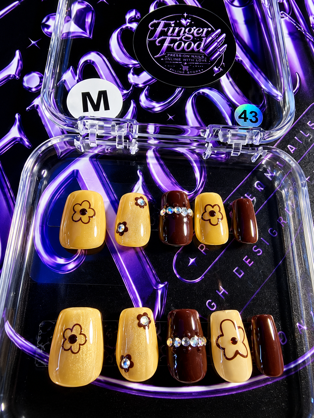 🌼🤎 GOLDEN DAISY #43 – Medium Mustard & Chocolate Floral Press-On Nails 🤎🌼