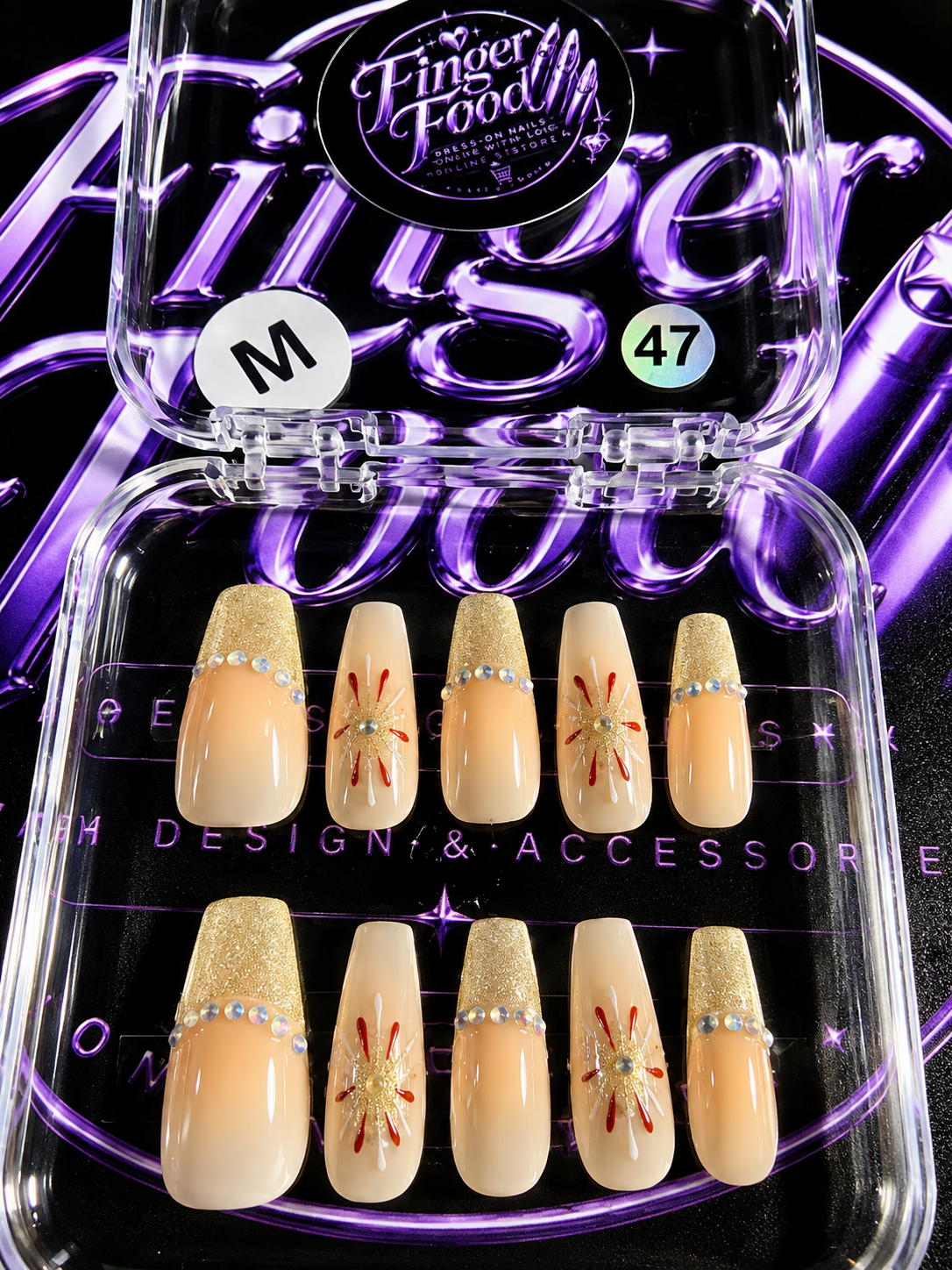 ✨☀️ GOLDEN SUNBURST#47 – Medium Nude & Gold Rhinestone Press-On Nails ☀️✨