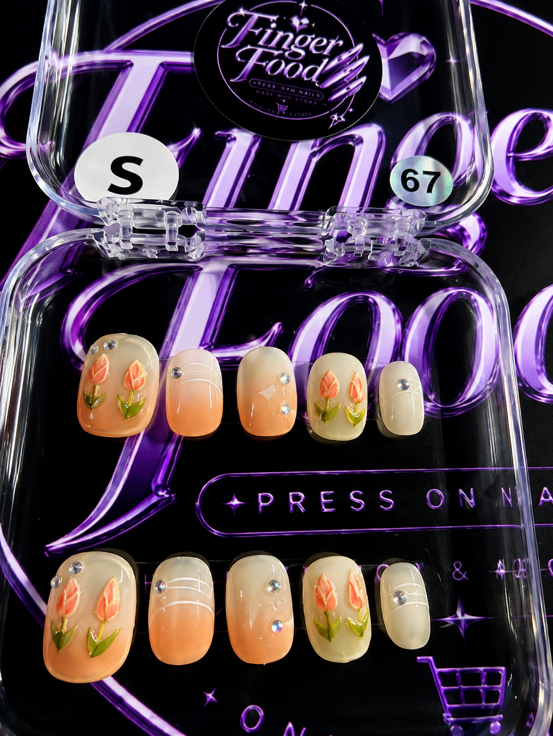 🌷✨ Peach Blossom #67 – Small Floral Rhinestone Press-On Nails ✨🌷