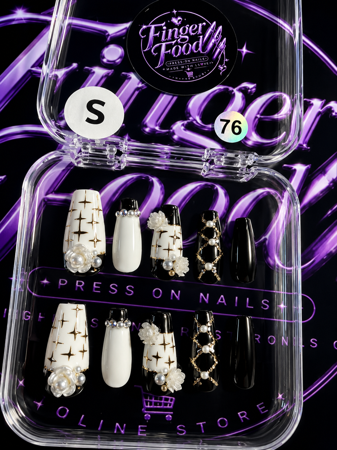 Midnight Pearl #76 – Small Press-On Nails | Black & Ivory Pearl Rhinestone Nail Set