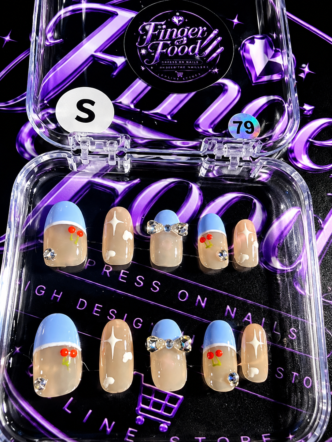🍒💙 CHERRY SKIES #79– Small Blue French Tip & Rhinestone Press-On Nails 💙🍒
